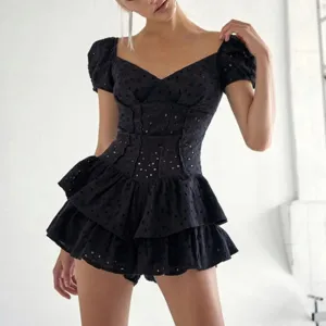 Elegant Lace Party Robe Short Sleeve Double Layer Mini Dress for Women