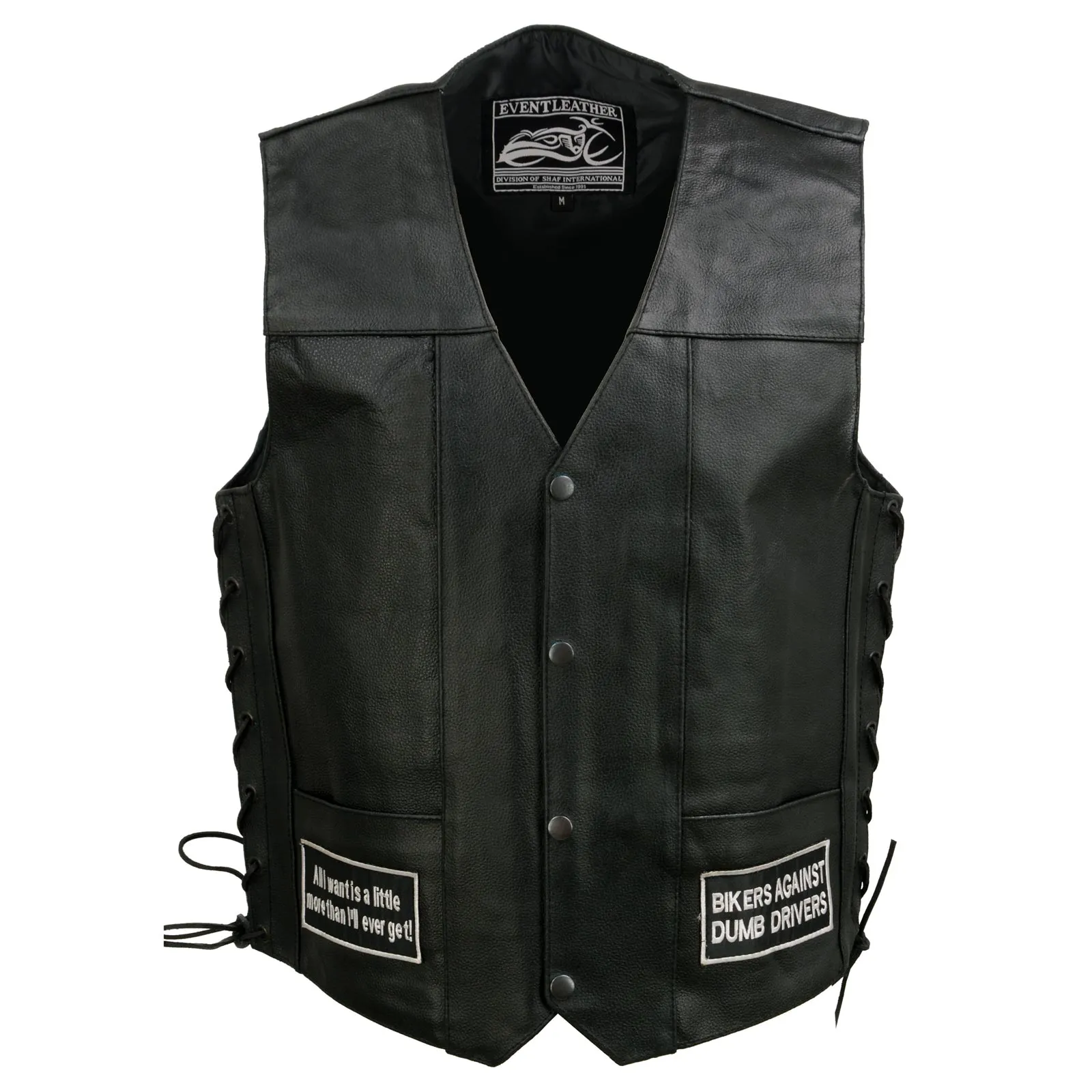 Event Leather ELM3925 Black Motorcycle Leather Vest for Men w/ Patches