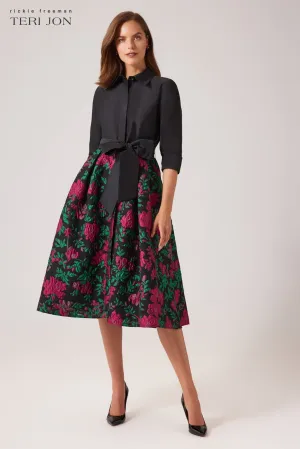 Floral Jacquard Shirt Waist Cocktail Dress