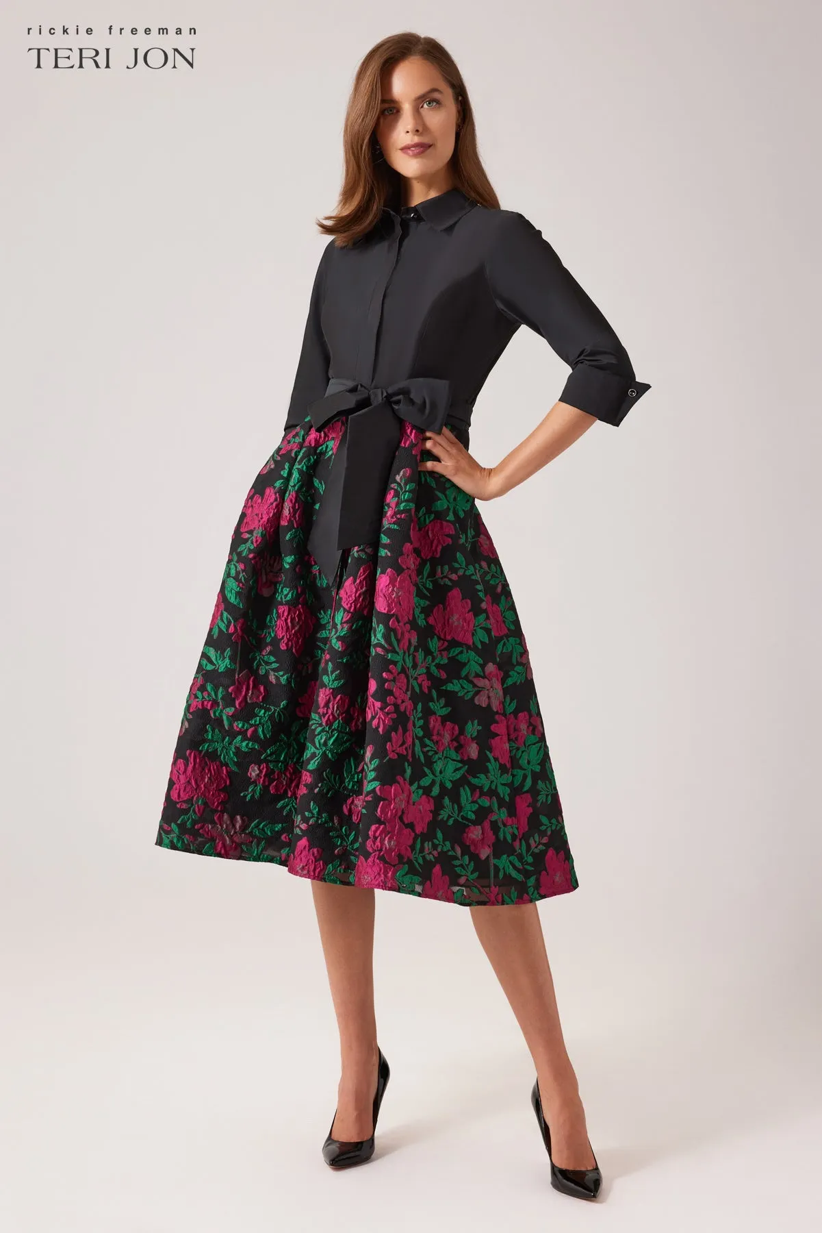 Floral Jacquard Shirt Waist Cocktail Dress