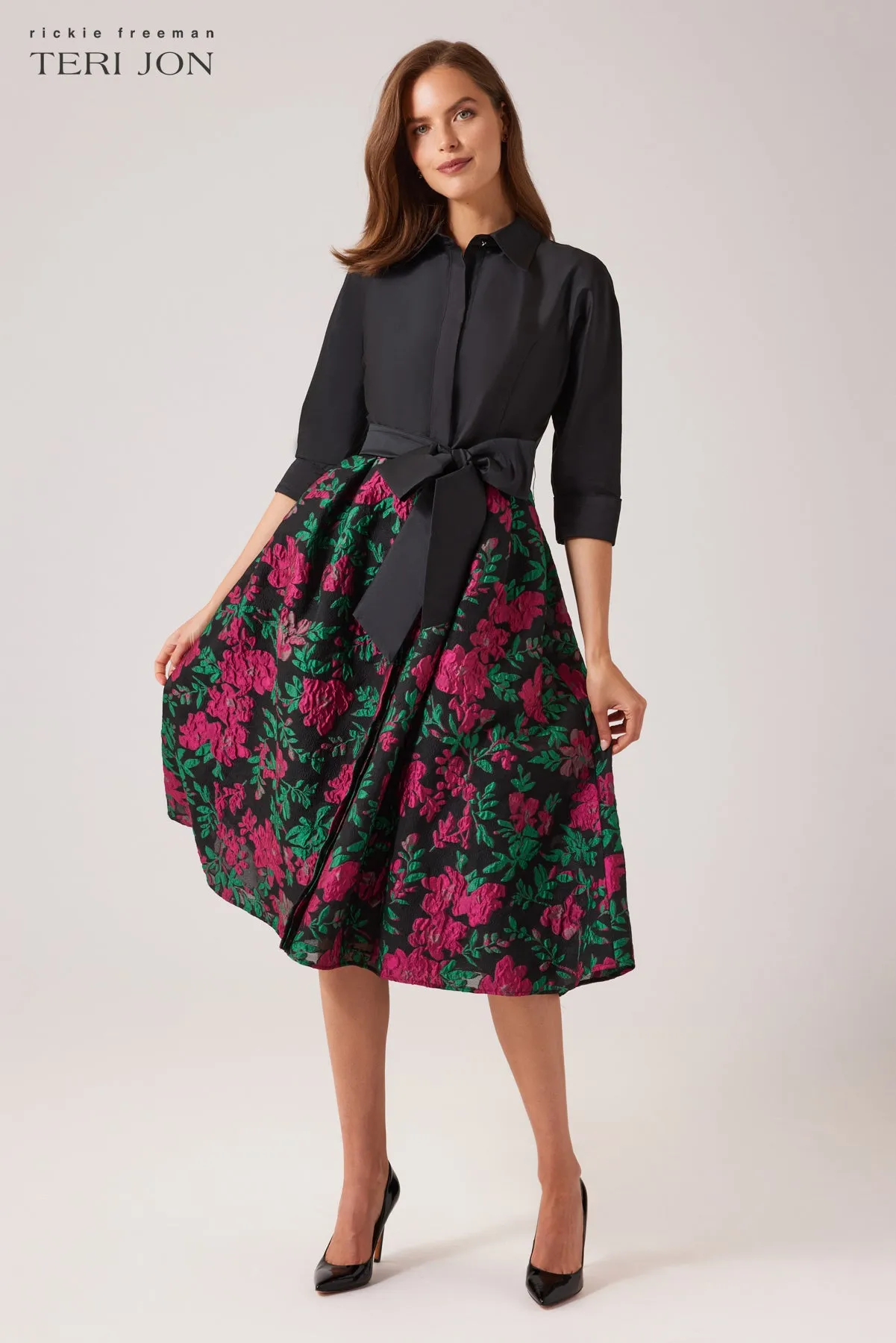 Floral Jacquard Shirt Waist Cocktail Dress