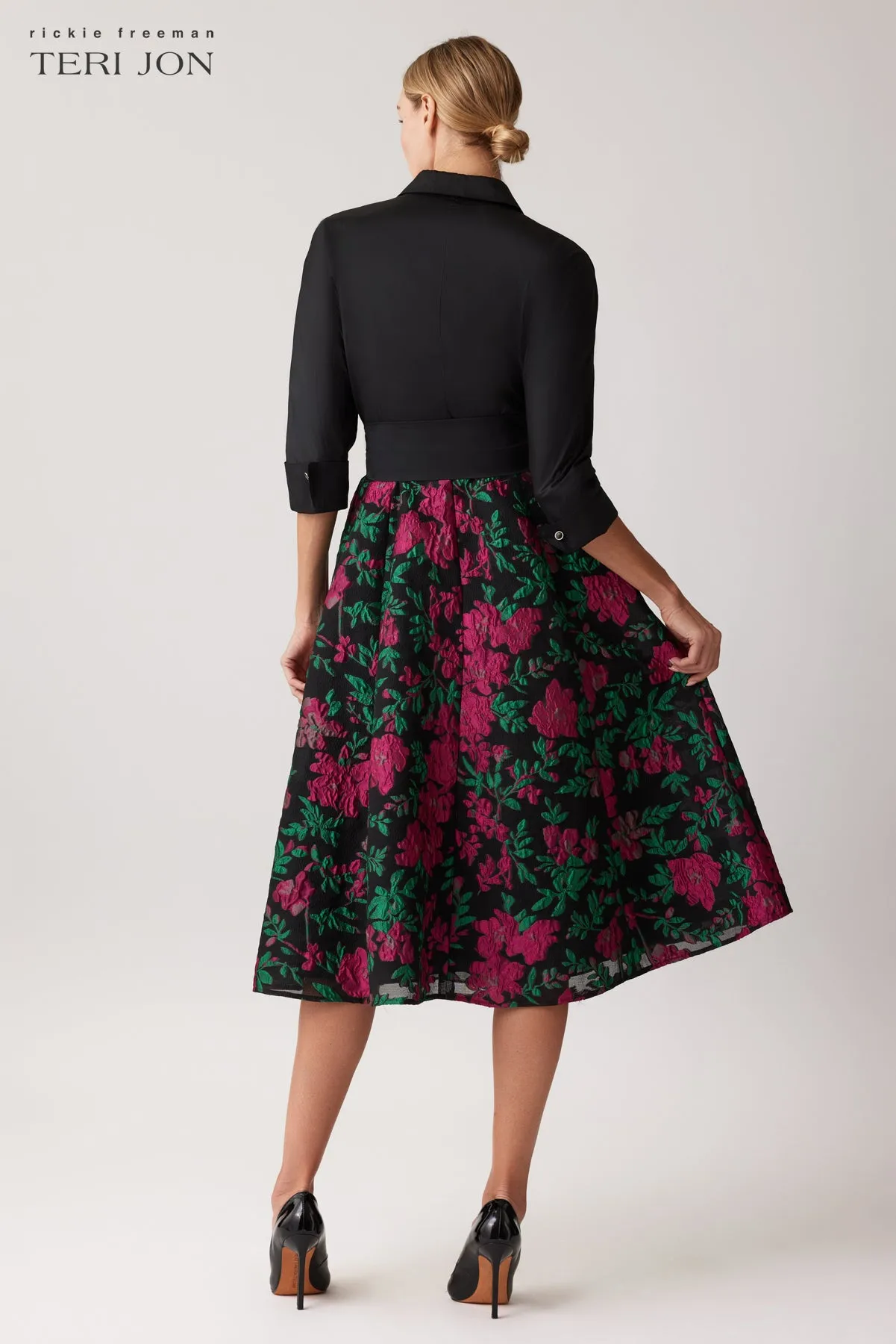 Floral Jacquard Shirt Waist Cocktail Dress