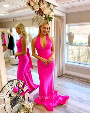 Fuchsia Halter Mermaid Prom Dress Cheap Open Back Long Formal Dresses Evening Dress KPY009