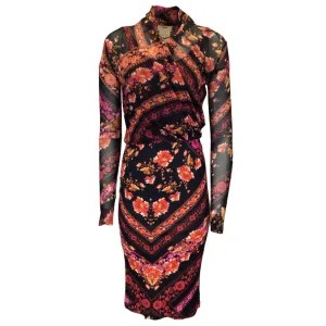 Fuzzi Black / Fuchsia Multi Floral Printed Mesh and Satin Midi Dress