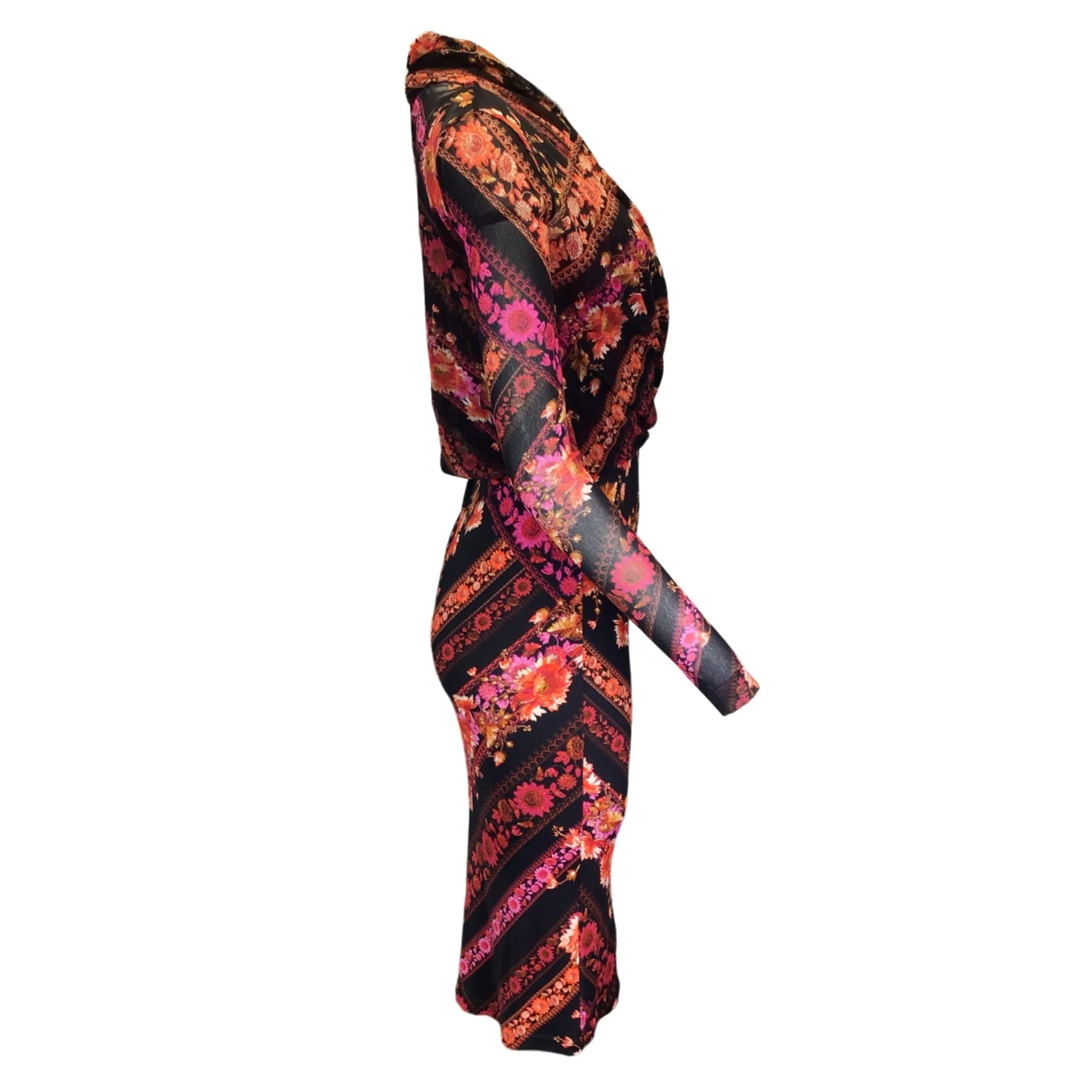 Fuzzi Black / Fuchsia Multi Floral Printed Mesh and Satin Midi Dress