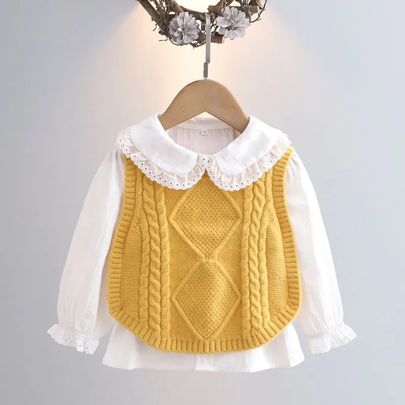 Girls sweater vest spring new baby knitted vest foreign twist college style baby top super cute