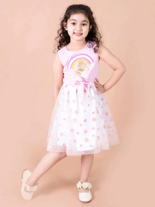 Girls White Pink Net Dress