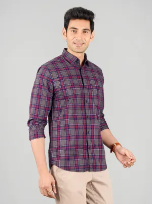 Grey & Medieval Blue Checked Slim Fit Casual Shirt | JadeBlue