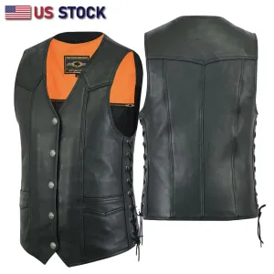 HL11614NKD  Side Lace Basic Motorcycle Leather Vest Side Lace