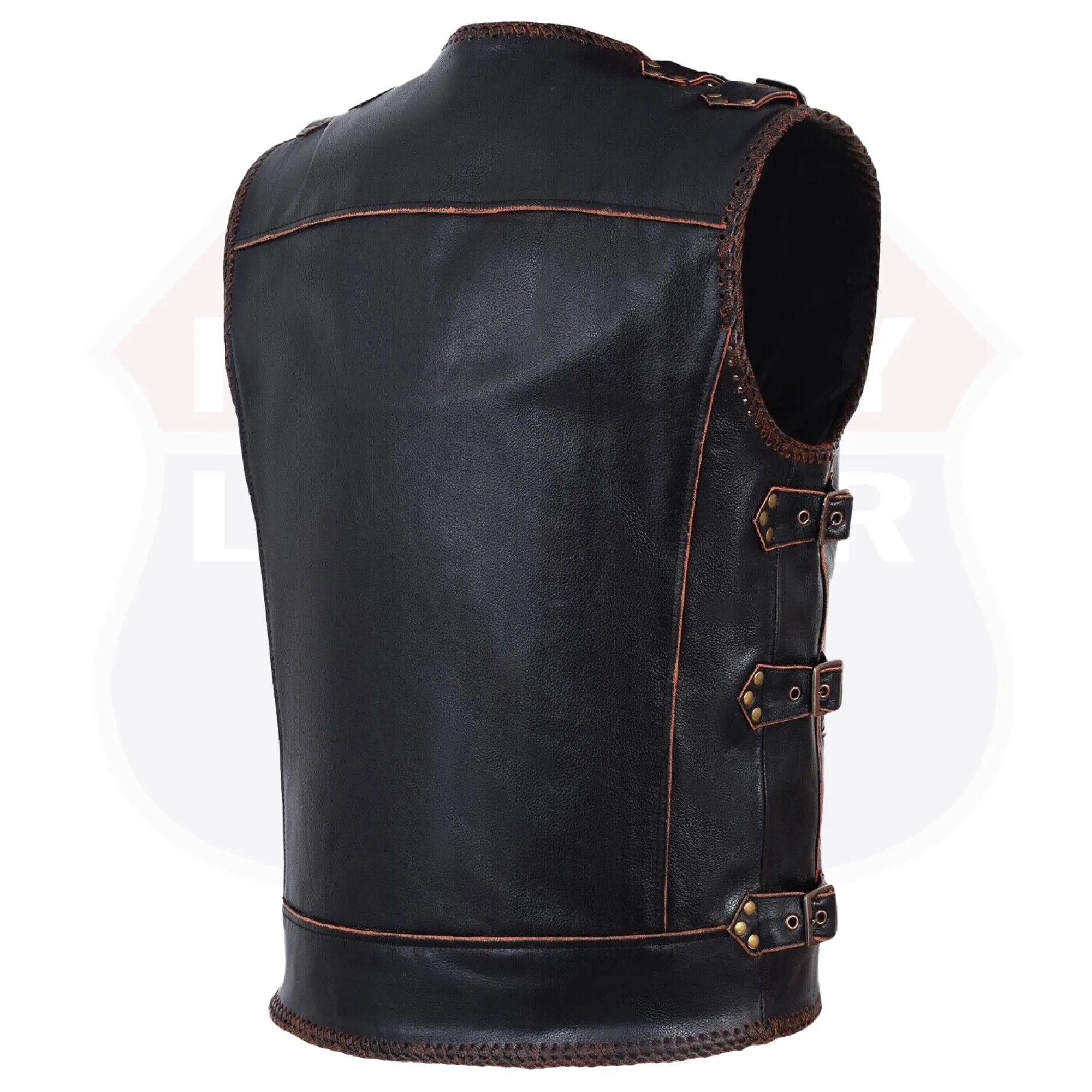 HL11699BROWN Men Genuine Cow Leather Heavy Metal Zipper Buckled Rocker Braided Vest-Rocker biker Waistcoat