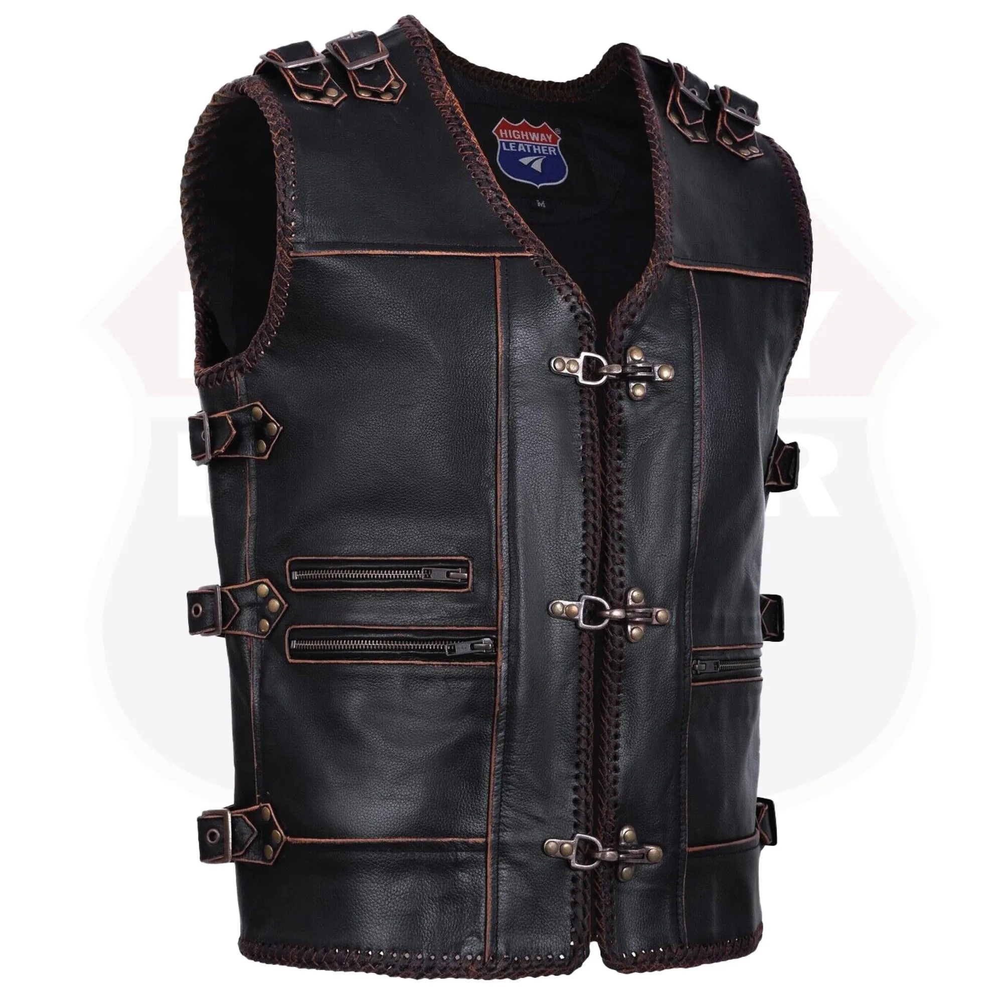 HL11699BROWN Men Genuine Cow Leather Heavy Metal Zipper Buckled Rocker Braided Vest-Rocker biker Waistcoat