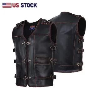 HL11699BROWN Men Genuine Cow Leather Heavy Metal Zipper Buckled Rocker Braided Vest-Rocker biker Waistcoat