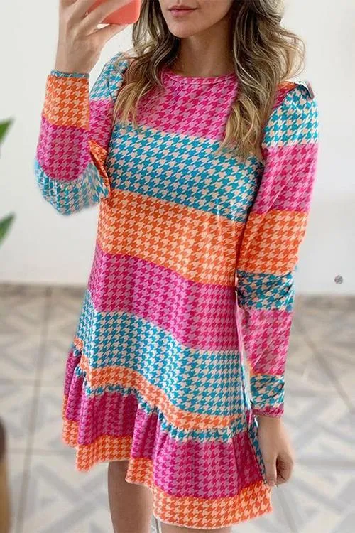 Houndstooth Ruffles Color Block Mini Dress