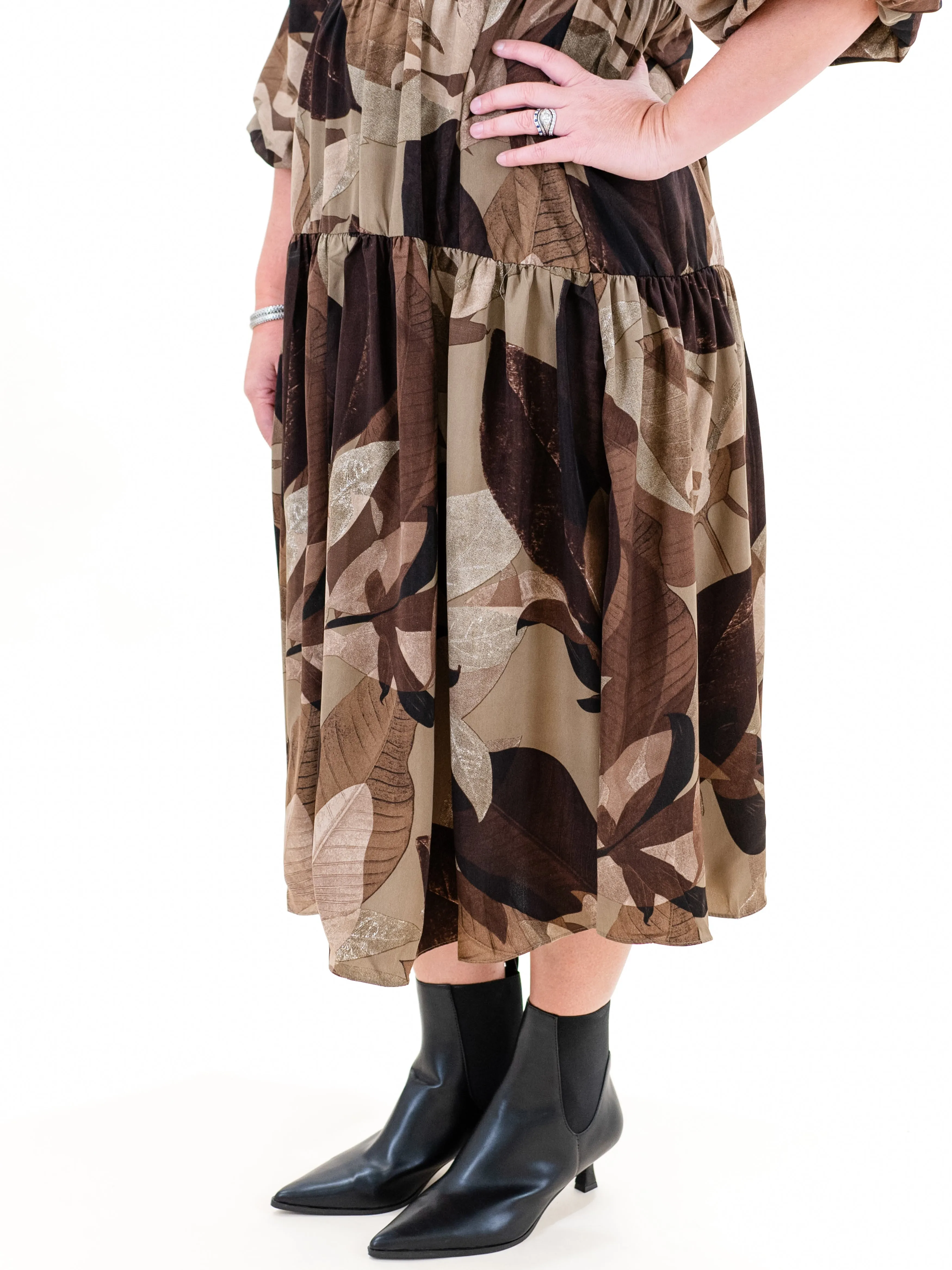 Leaf Printed 3/4 Sleeve Midi by Entro