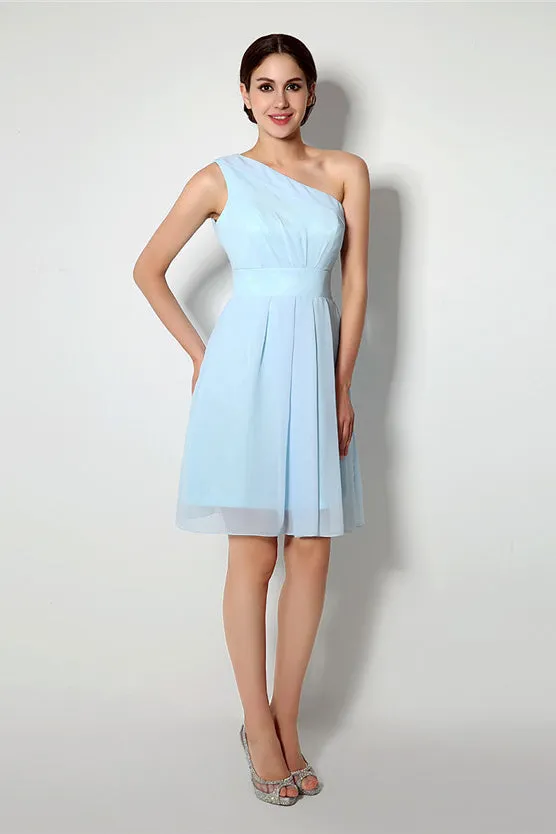 Light Blue One Shoulder Chiffon Knee Length Homecoming Dresses