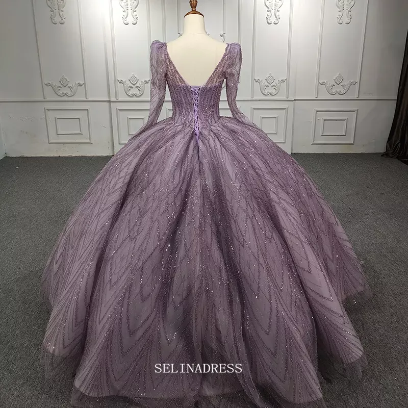 Long Sleeve Lilac Ball Gown Prom Dress Beaded Pageant Dress DY5667