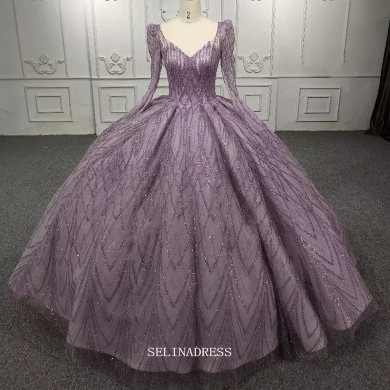 Long Sleeve Lilac Ball Gown Prom Dress Beaded Pageant Dress DY5667