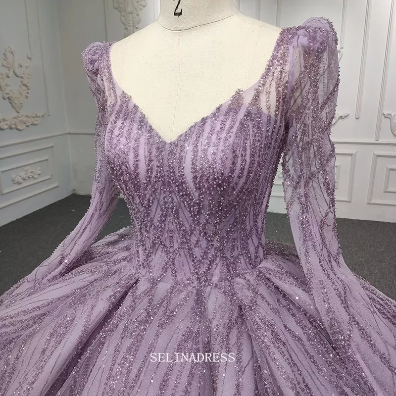 Long Sleeve Lilac Ball Gown Prom Dress Beaded Pageant Dress DY5667