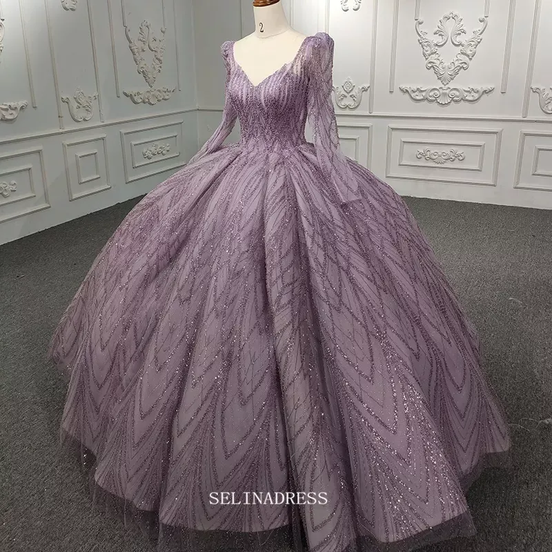 Long Sleeve Lilac Ball Gown Prom Dress Beaded Pageant Dress DY5667