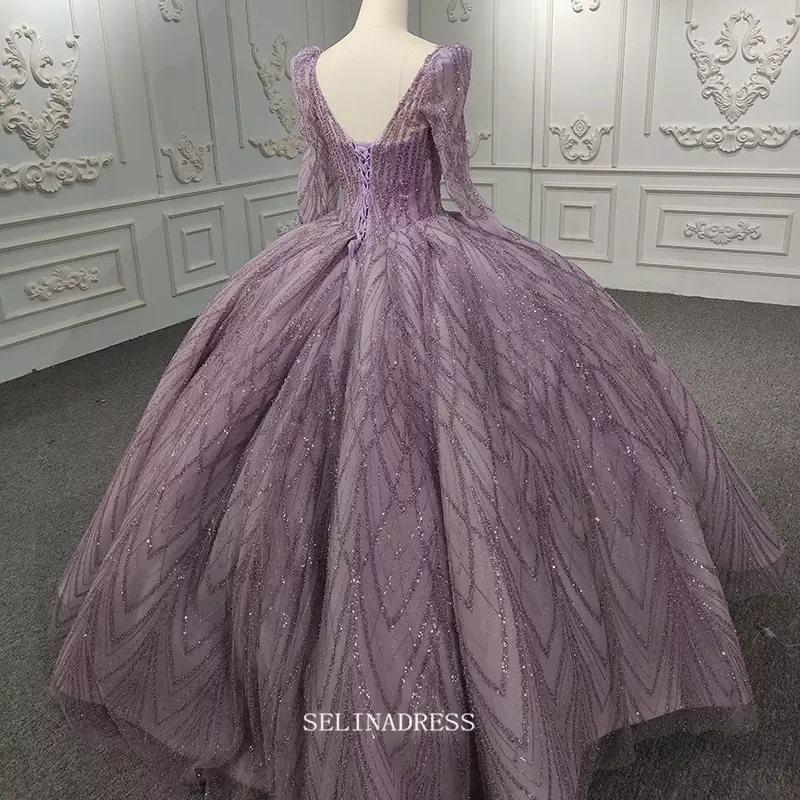 Long Sleeve Lilac Ball Gown Prom Dress Beaded Pageant Dress DY5667