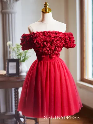 Lovely Tulle Homecoming Dresses Off-the-shoulder Red Hoco Dress Cocktail Dress #TKL1895