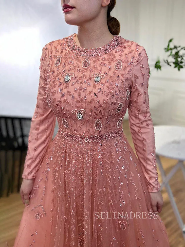 Luxury Long Sleeve Pink Beaded Evening Gowns Long Formal Dresses LA71803C