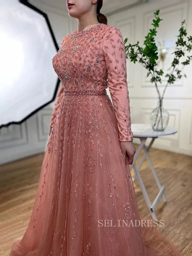 Luxury Long Sleeve Pink Beaded Evening Gowns Long Formal Dresses LA71803C