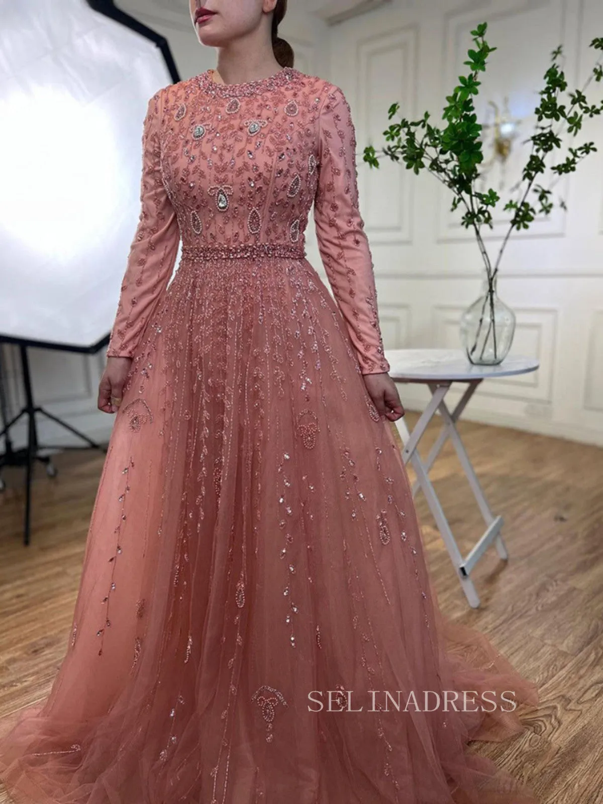 Luxury Long Sleeve Pink Beaded Evening Gowns Long Formal Dresses LA71803C