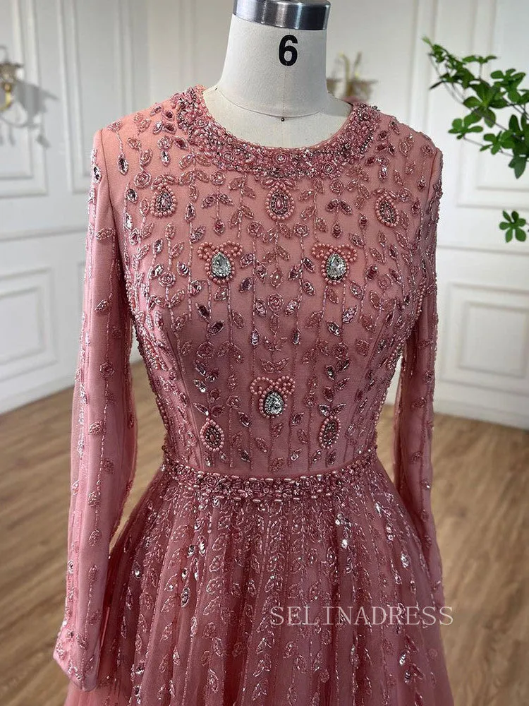 Luxury Long Sleeve Pink Beaded Evening Gowns Long Formal Dresses LA71803C