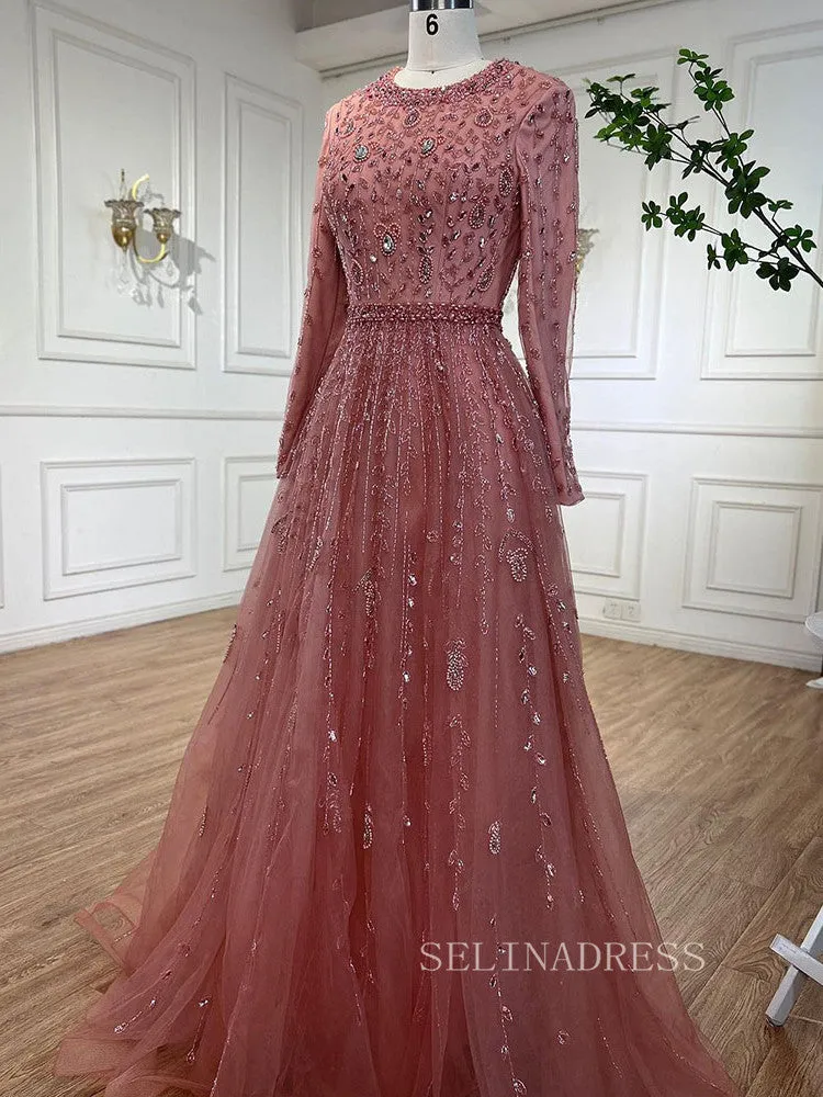 Luxury Long Sleeve Pink Beaded Evening Gowns Long Formal Dresses LA71803C