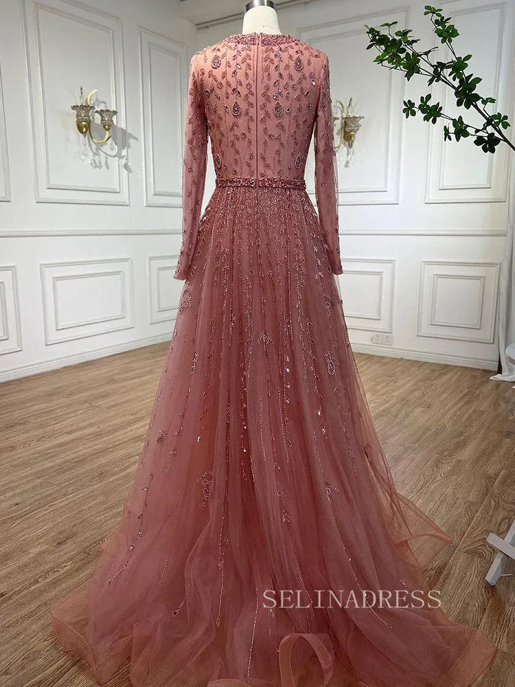 Luxury Long Sleeve Pink Beaded Evening Gowns Long Formal Dresses LA71803C