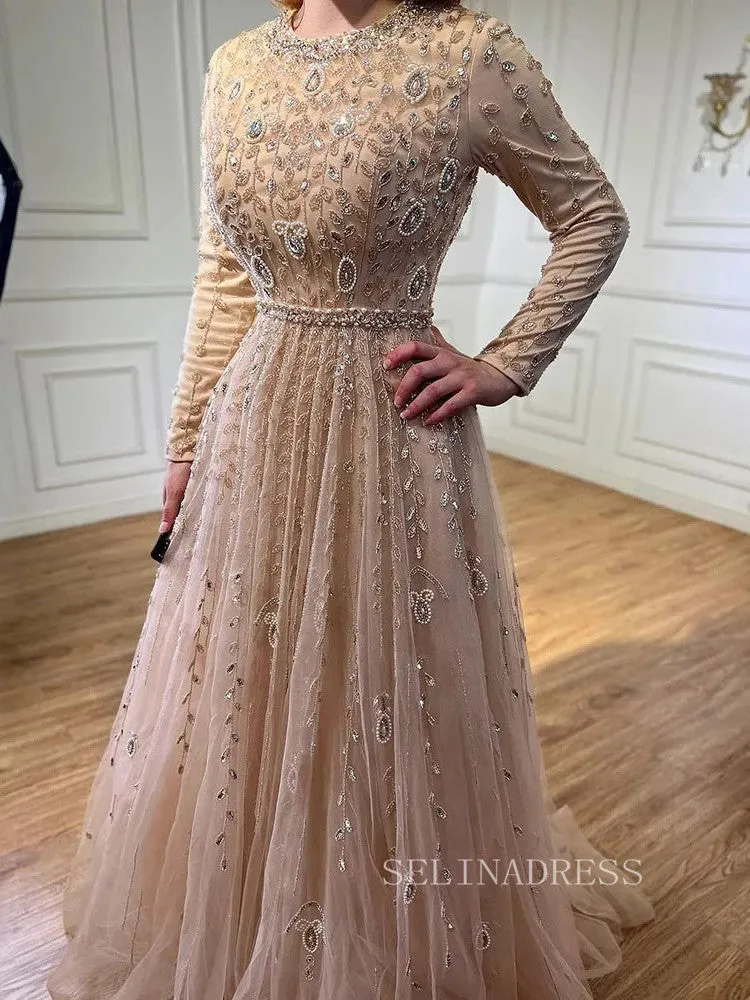 Luxury Long Sleeve Pink Beaded Evening Gowns Long Formal Dresses LA71803C