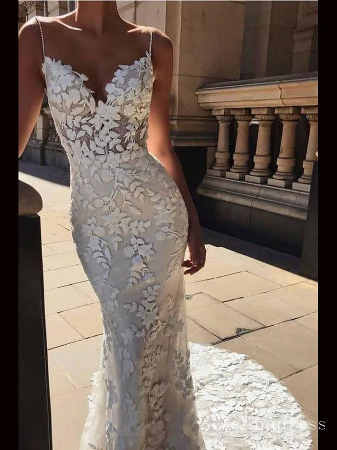 Mermaid Spaghetti Straps Open Backless Wedding Dress Lace Bridal Dress MHL1693