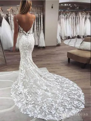 Mermaid Spaghetti Straps Open Backless Wedding Dress Lace Bridal Dress MHL1693