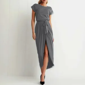 New In Summer/Autumn Midi Split Wrap Short Sleeve Solid Casual Fashionable Dress