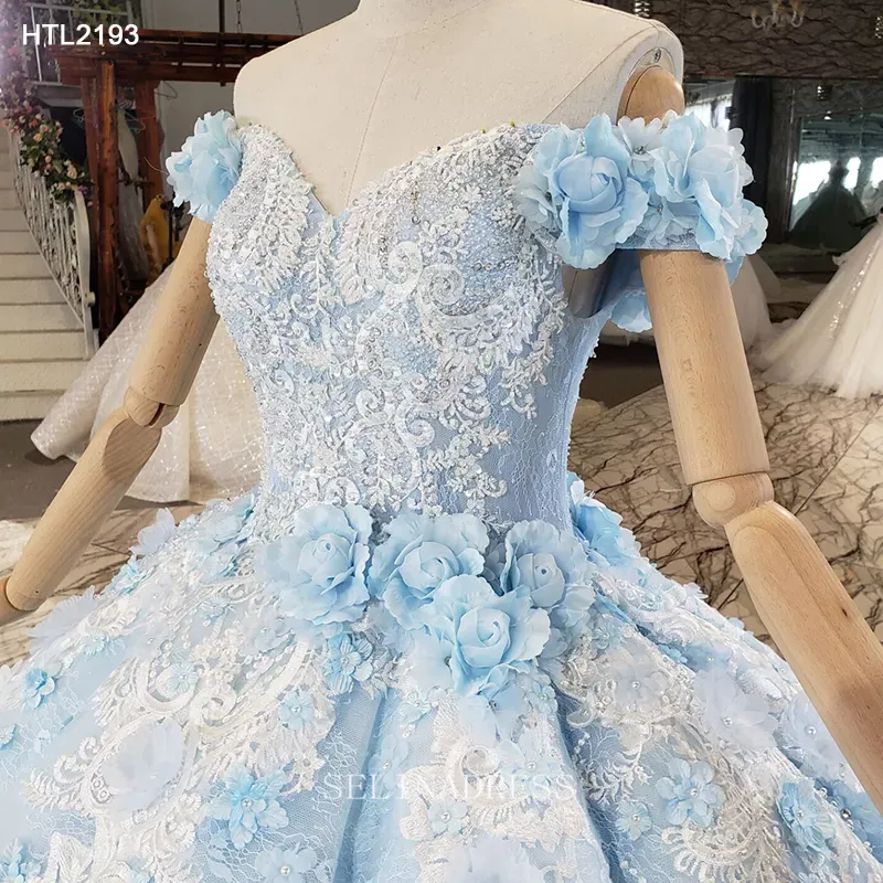 Off Shoulder Blue Lace Princess Luxurious Dubai Gown Elegant Evening Dress HTL2193 Selinadress