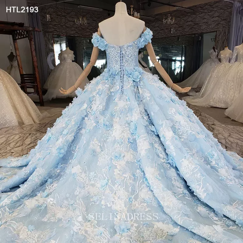 Off Shoulder Blue Lace Princess Luxurious Dubai Gown Elegant Evening Dress HTL2193 Selinadress