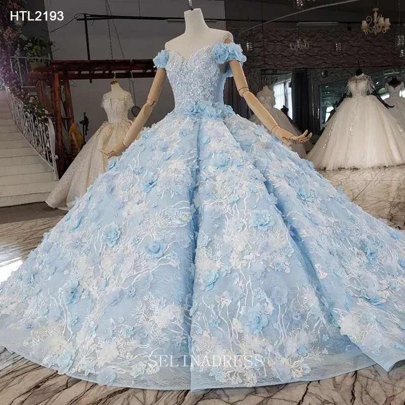 Off Shoulder Blue Lace Princess Luxurious Dubai Gown Elegant Evening Dress HTL2193 Selinadress