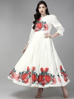 Off White & Red Floral Printed Anarkali Kurta