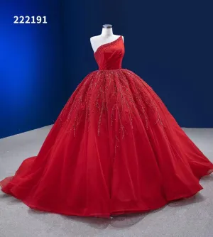 One SHoulder Red Ball Gown Prom Dress Beaded Pageant Dress 222191