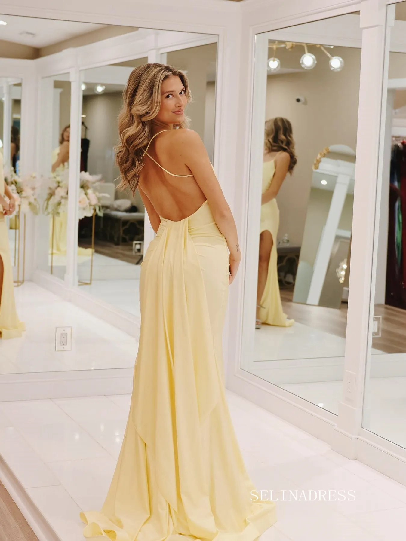 Pale Yellow Mermaid Satin Prom Dresses with Tail Spaghetti Straps Evening Dress EWR201