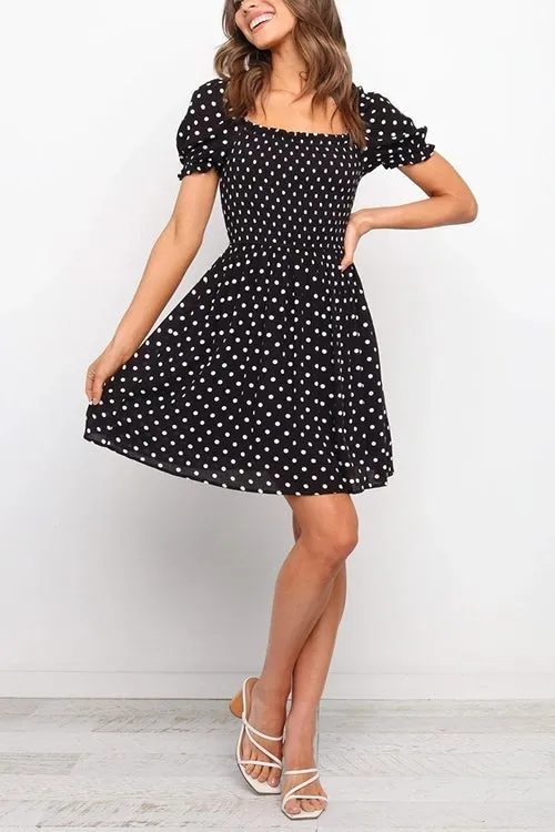 Polka Dot Puff Sleeve Square Neck Mini Dress