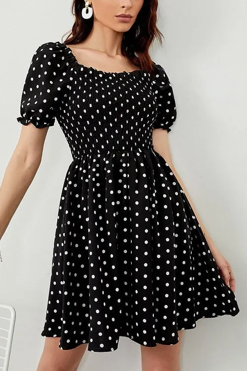 Polka Dot Puff Sleeve Square Neck Mini Dress