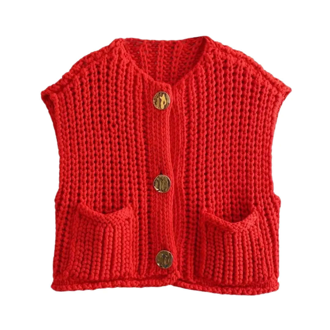 Pre Order:  Pocket Sleeveless Knitted Cropped Vest