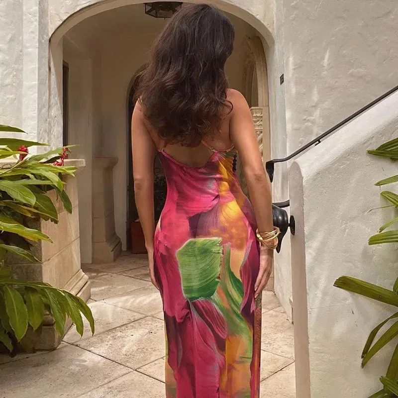 Print Backless Slip Maxi Dress