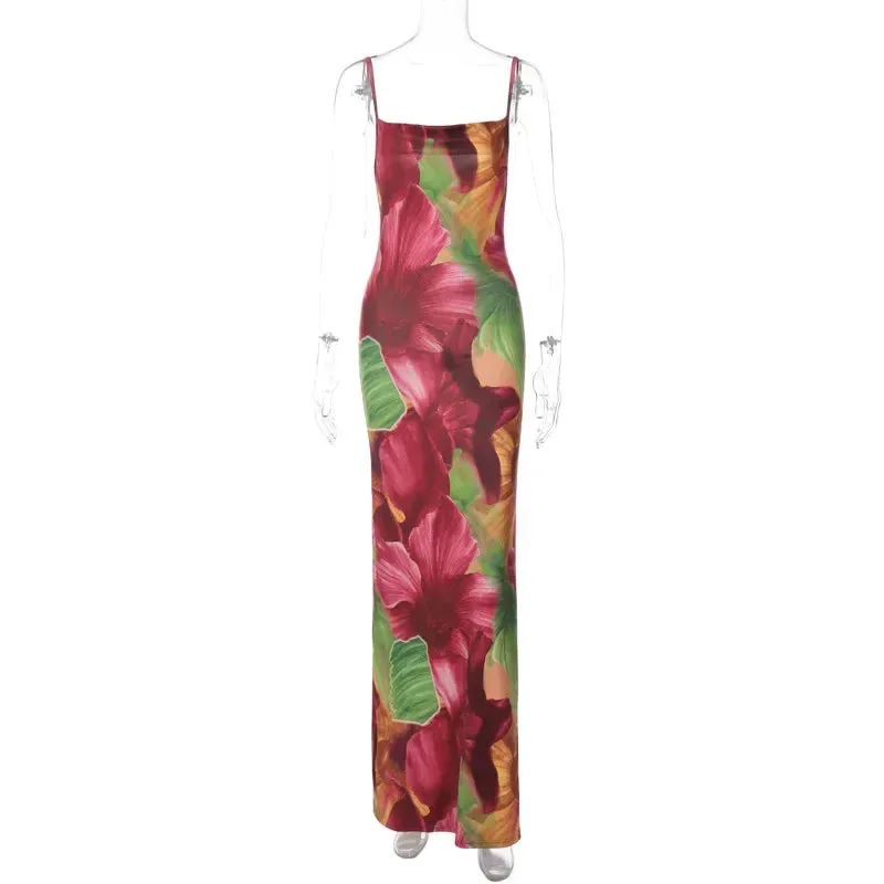 Print Backless Slip Maxi Dress