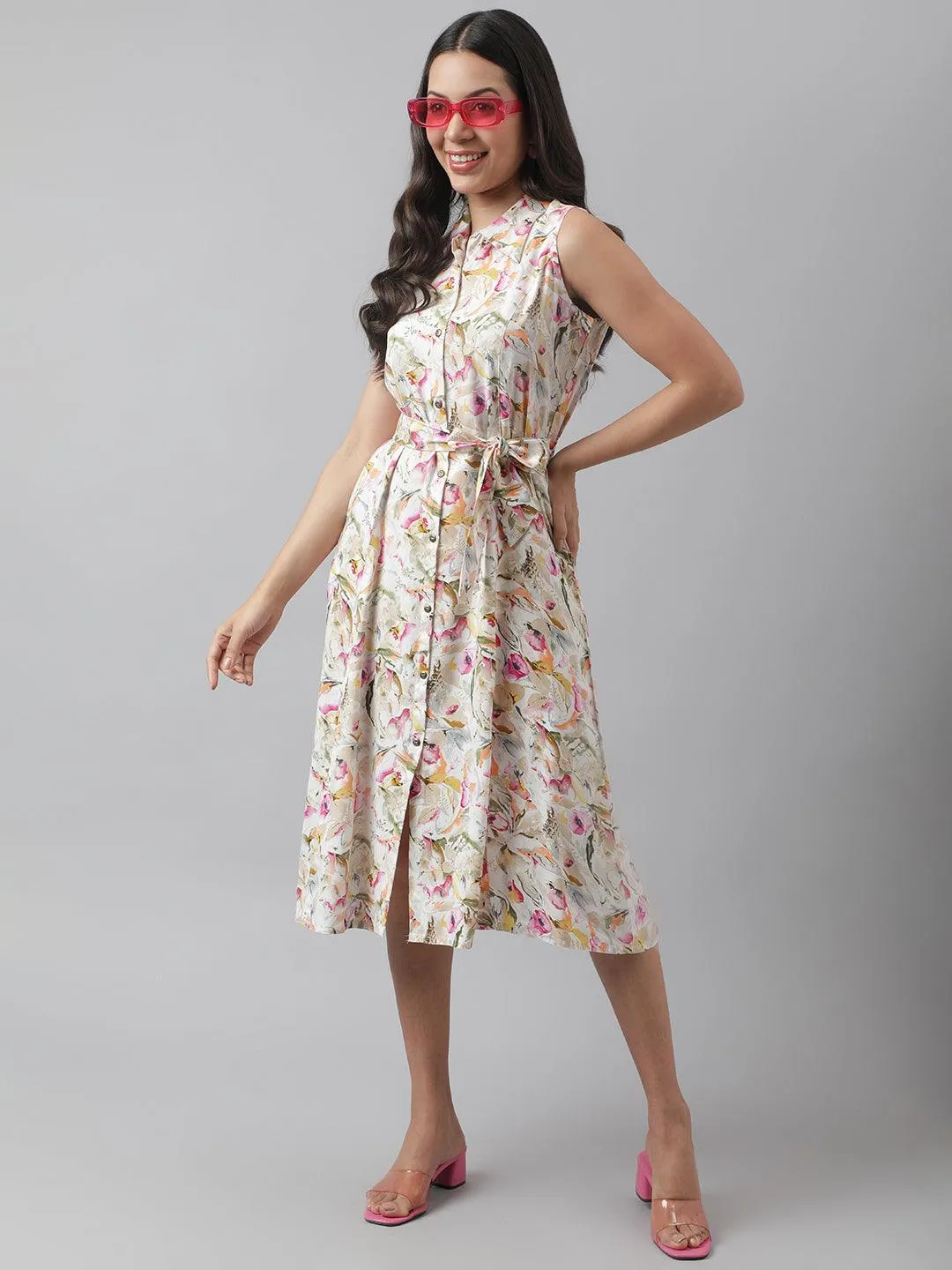 Rayon Cream A-Line Floral Printed Midi Dress