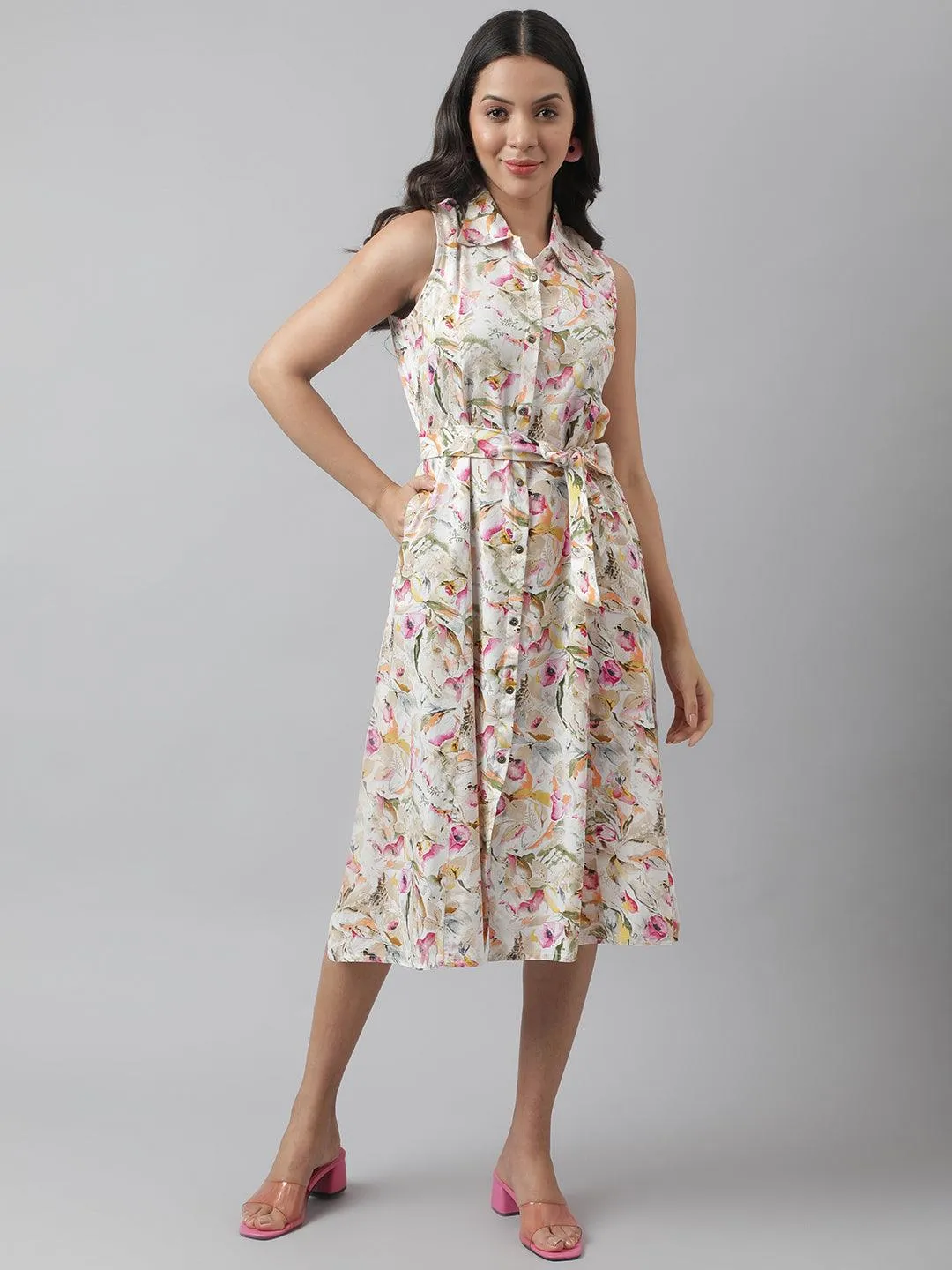 Rayon Cream A-Line Floral Printed Midi Dress