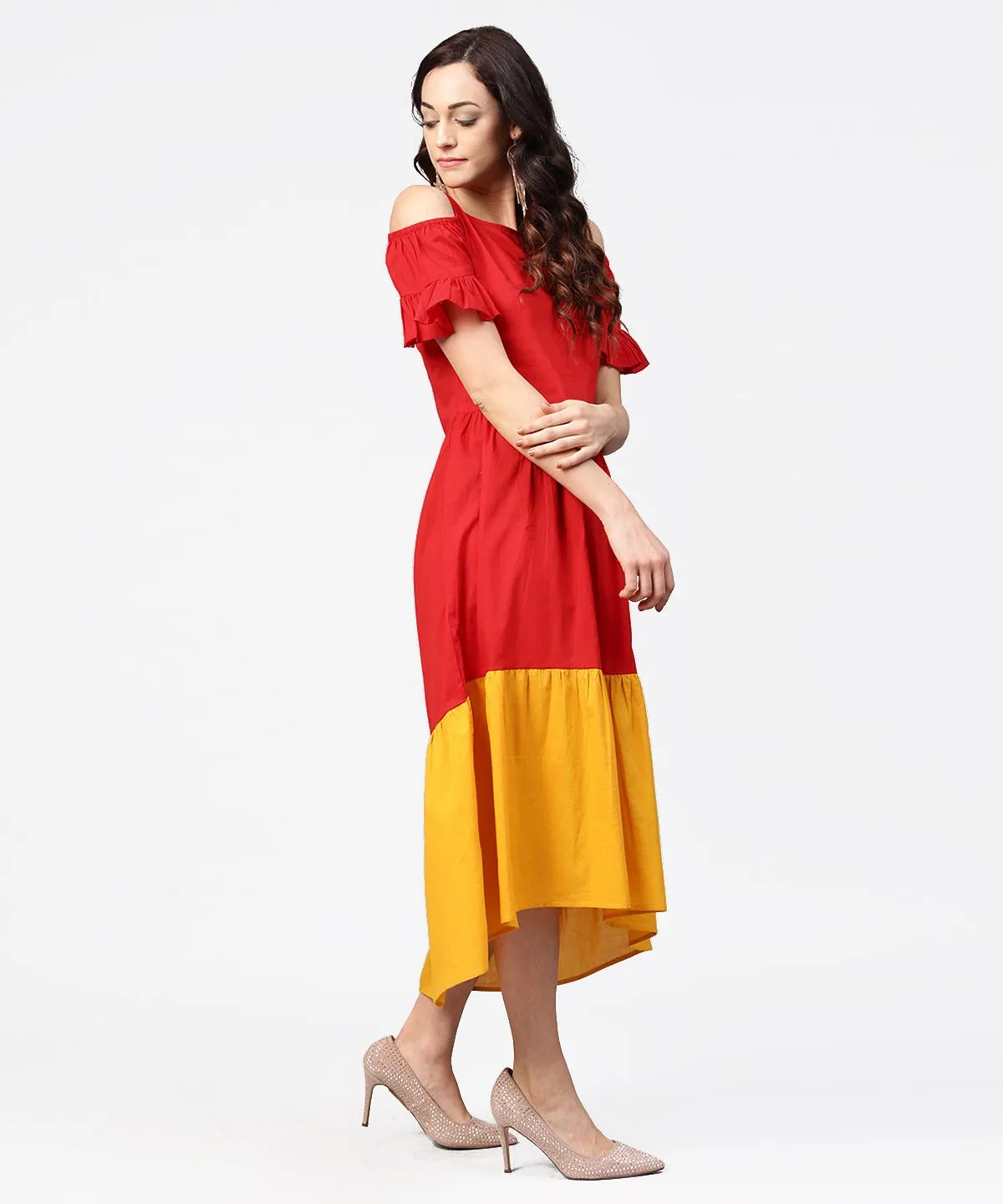 Red & Yellow Short Cold Shoulder Cotton Maxi Dress