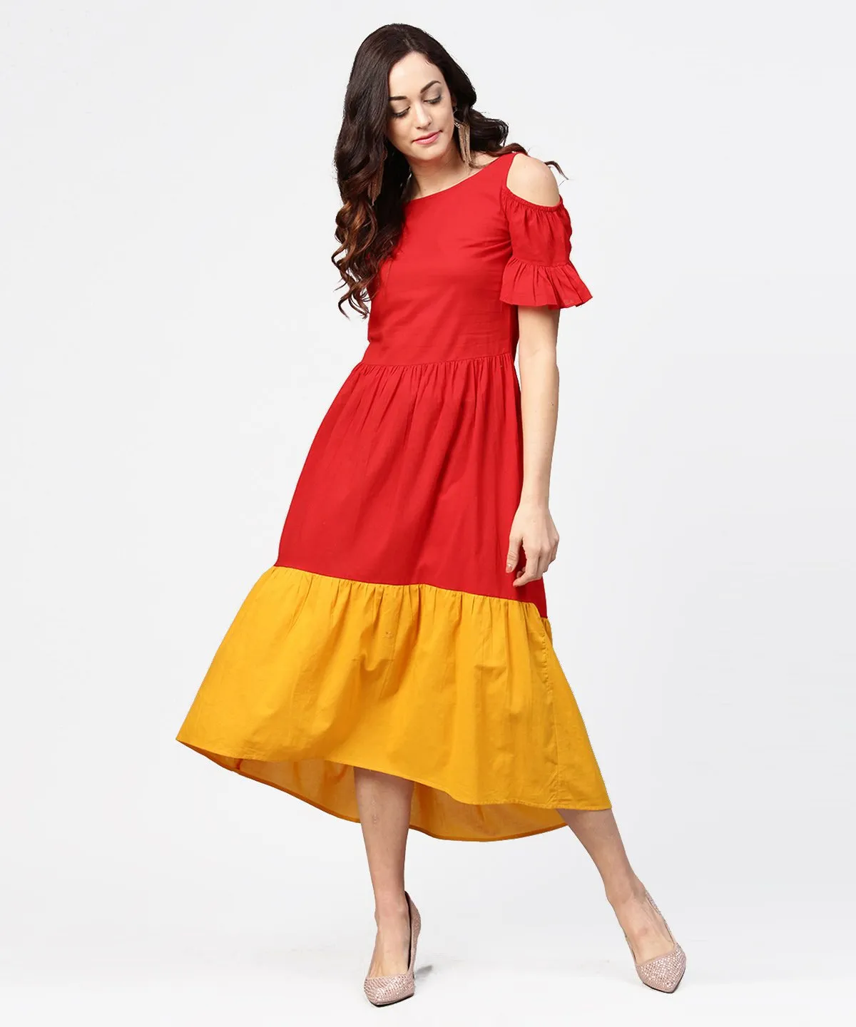 Red & Yellow Short Cold Shoulder Cotton Maxi Dress